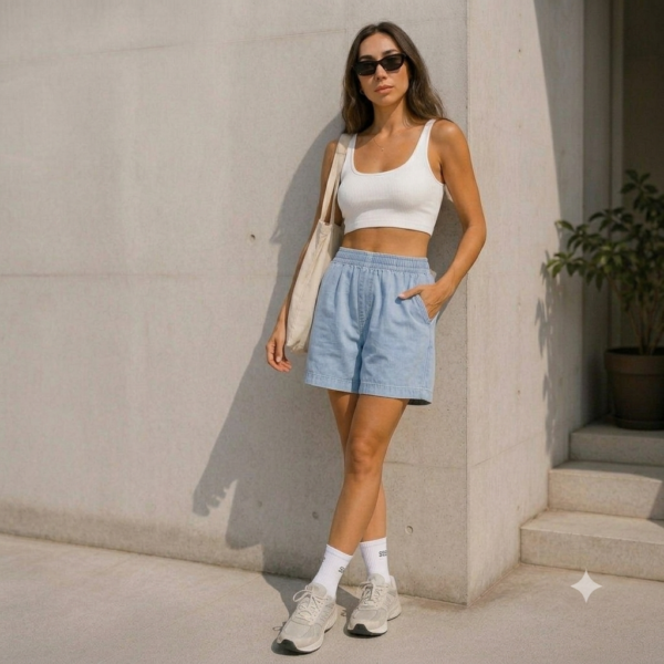 rahat kesim denim Şort – açık mavi